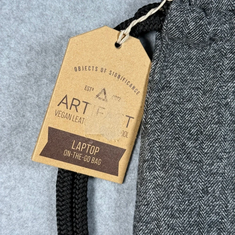 Artifact Laptop On-The-Go Bag Grey Herringbone Wool Black Vegan Leather Cinch